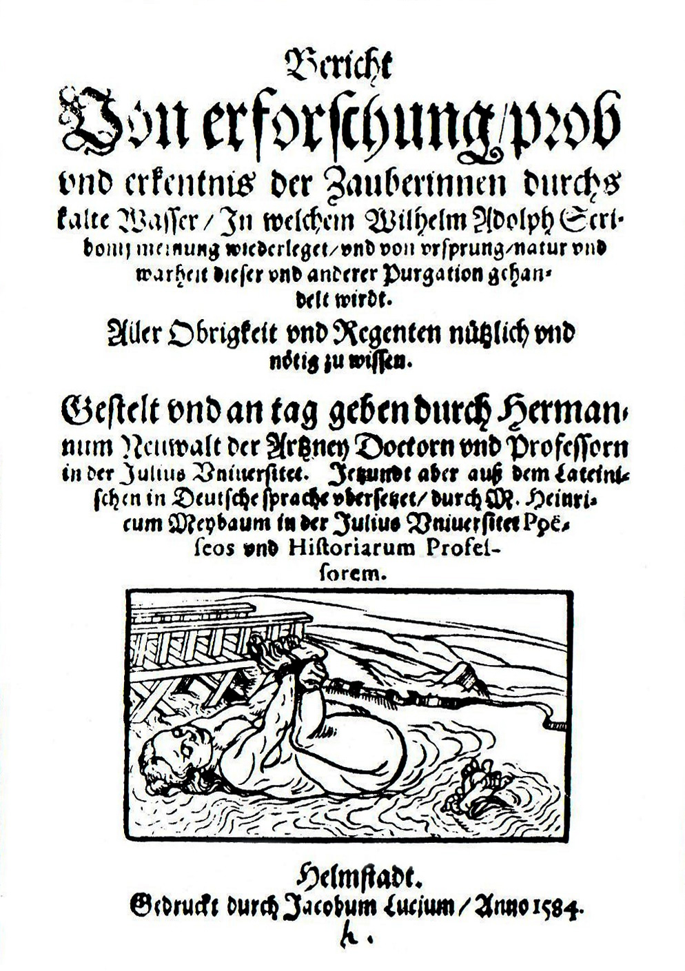 Wasserprobe, Titelblatt der Schrift von Hermann Neuwalt, Helmstedt 1581  (Quelle: Wikipedia, gemeinfrei)